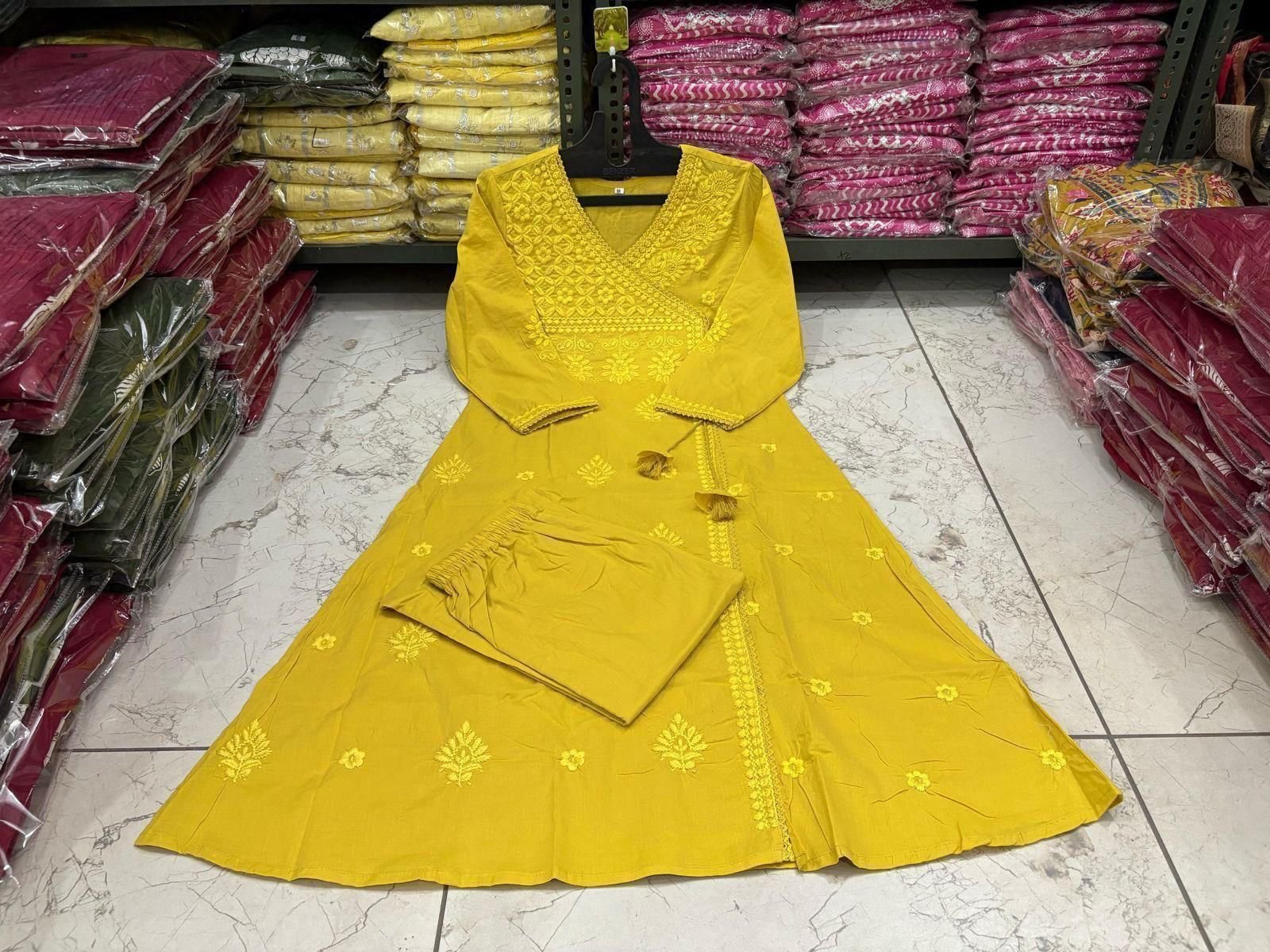 Yellow Chikankari Cotton Angrakha Kurti Pant Set